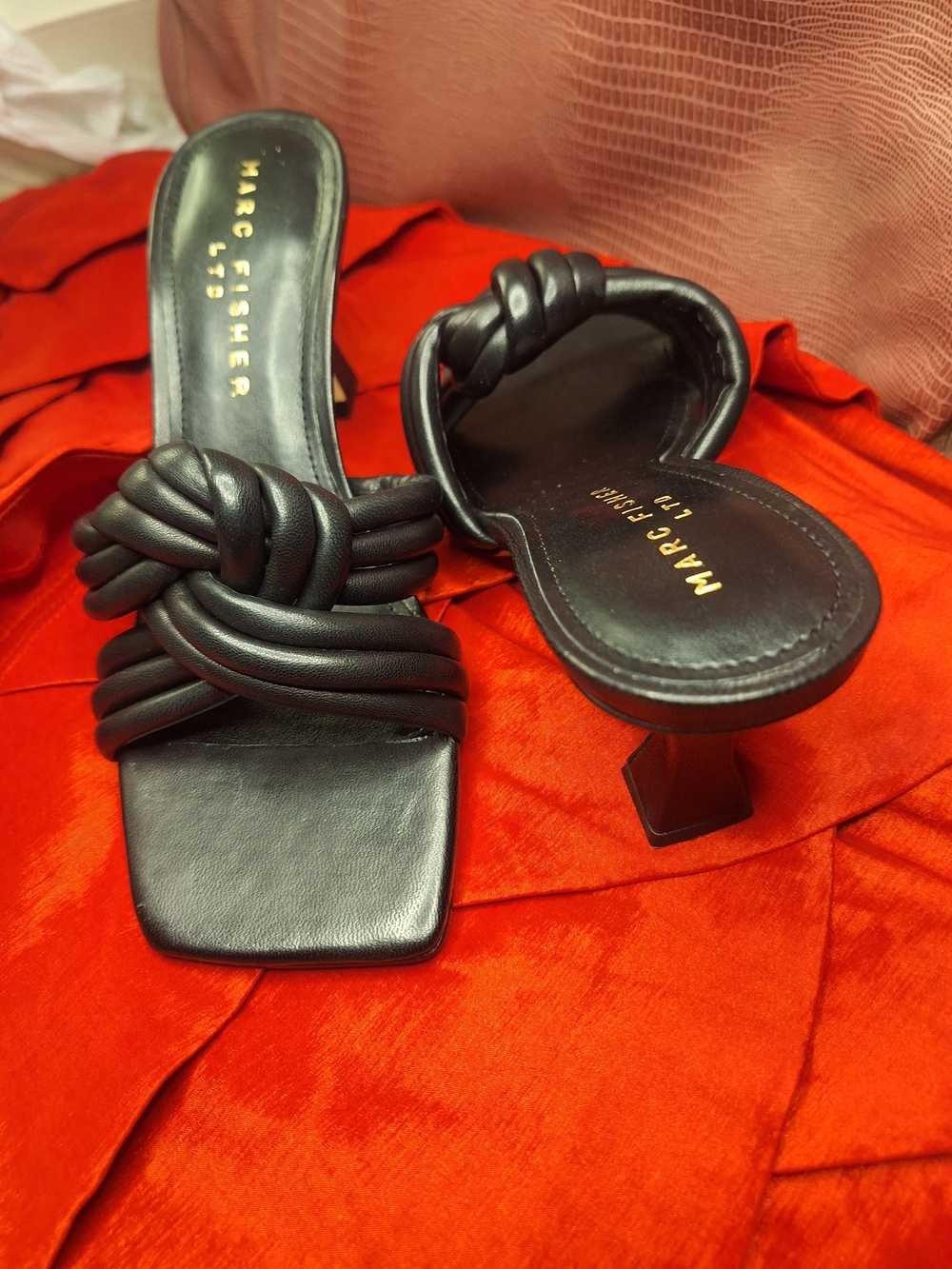 Marc Fisher Black Knotted Leather Mid-Heel Mules